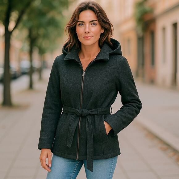 Jones New York Belted Pea Coat Jacket Size Small Charcoal Fabric Coat with Hood - Picture 16 of 16